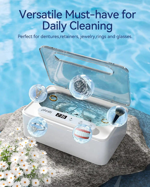 47KHz Ultrasonic Jewelry Cleaner with Three Cleaning Modes, 12 oz stainless steel tank, cleaning jewelry, glasses, dentures on rock.