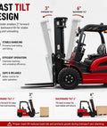 Mast tilt design of the Effortless Electric Forklift Truck and Portable Pallet Stacker shows 3° forward and 6° backward tilt for stability.