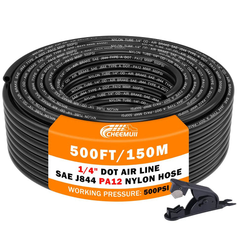 DOT Approved PA12 Nylon Pneumatic Tubing One Quarter Inch Outer Diameter Air Line for Semi Trucks Trailers and Industrial Air Systems Five Hundred Feet Long 152 M Heavy Duty All Purpose High Temperature Flexible Corrosion Resistant SAE J844 Ready, coiled with cutting tool
