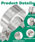 Front view of stainless steel fuel line clamp with adjustable screw; diameter markings 9/32–23/32 in.