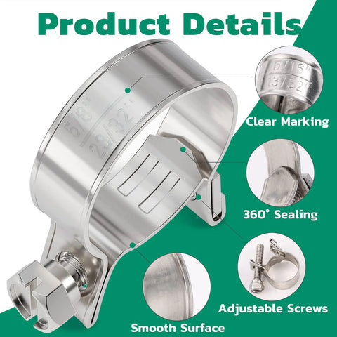 Front view of stainless steel fuel line clamp with adjustable screw; diameter markings 9/32–23/32 in.