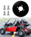 60 Tooth Rear Sprocket For Go Karts And Mini Bikes With 35 Chain Size, shown with bolts and a red go-kart for 79cc-420cc engines.