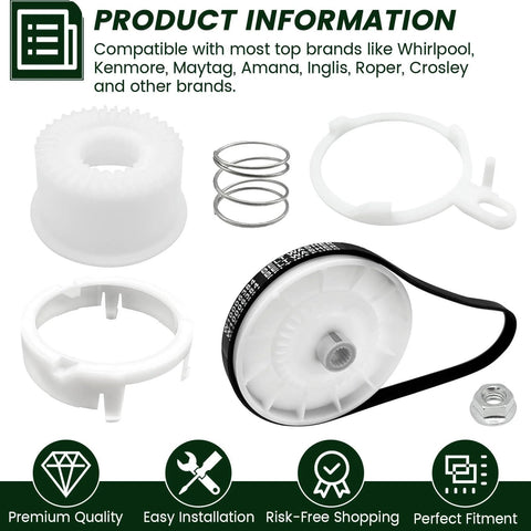 Front view of washer pulley clutch kit with drive belt, springs, and white plastic components.