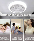 Bladeless 18 Inch Ceiling Fan With Lights Remote Control Flush Mount 3 Color Modes 3 Speeds Indoor Outdoor Use Quiet And Easy Install Perfect For Bedroom Or Living Room White displayed on ceiling with wind speed modes, images of relaxing individuals and light detail visible