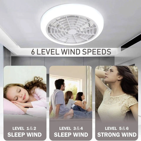 Bladeless 18 Inch Ceiling Fan With Lights Remote Control Flush Mount 3 Color Modes 3 Speeds Indoor Outdoor Use Quiet And Easy Install Perfect For Bedroom Or Living Room White displayed on ceiling with wind speed modes, images of relaxing individuals and light detail visible