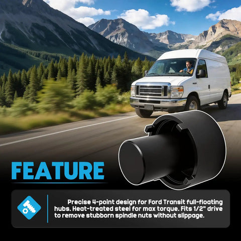 Beefy Heavy Duty Rear Axle Spindle Nut Socket for Transit 2015 to 2019 150 250 350 with van and tool closeup