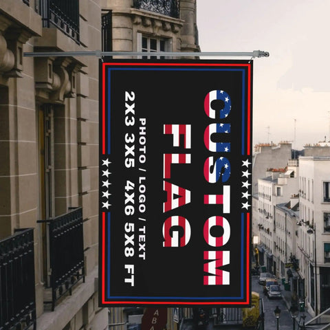 Totally Custom Flag 3x5 Ft for Indoor Outdoor Use with Photo Text Logo on city balcony, size options shown.