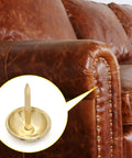 Upgrade Your Furniture Game With These Top Shelf Gold Upholstery Tacks 300 Piece Kit Featuring A Crisp 0.43 Inch Round Head And Easy Install Design delivering a close-up view of a gold tack on leather.
