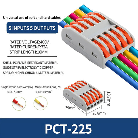 Mini 3 In 3 Out Parallel Wire Connector Kit With No Fuss Tool Free Press Lock Terminal with five colored cables inserted