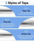 Boss Level 3 Piece Hand Tap Set Features 3 8 16 Unc Right Hand Taper Plug And Bottom Threads Built With Slick 9CrSi Alloy Steel showing Taper, Plug, and Bottom tap styles for threading.