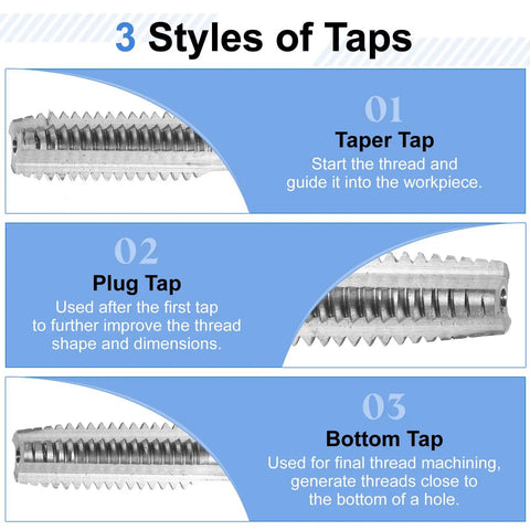 Boss Level 3 Piece Hand Tap Set Features 3 8 16 Unc Right Hand Taper Plug And Bottom Threads Built With Slick 9CrSi Alloy Steel showing Taper, Plug, and Bottom tap styles for threading.