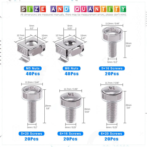 Rock Solid Heavy Duty M5 And M6 Cage Nut Screw Kit With Washers Square Hole Rack Mount Hardware For Server Cabinets Top Shelf 160 Piece Kit For Tech Pros showing M5 and M6 nuts and screws with dimensions.