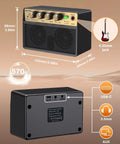 Portable 10W Electric Guitar Amplifier With Clean Drive Channel Pure Analog Tone USB C Rechargeable Bluetooth and 3.5mm Headphone AUX Jack Ultra Portable Practice Amp For Home Dorms And On The Go, shown with dimensions and connection ports