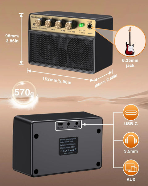 Portable 10W Electric Guitar Amplifier With Clean Drive Channel Pure Analog Tone USB C Rechargeable Bluetooth and 3.5mm Headphone AUX Jack Ultra Portable Practice Amp For Home Dorms And On The Go, shown with dimensions and connection ports