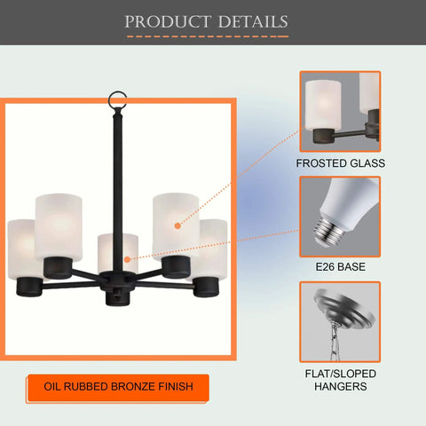Five Light Oil Rubbed Bronze Dining Room Chandelier Hanging Fixture with frosted glass, E26 base details, sloped ceiling compatible.