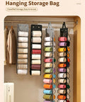 Slick Double Sided Hanging Closet Organizer With Sixteen Clear Pockets For Gym Gear And Casual Threads, Space Savvy Wardrobe Storage Hanger With Heavy Duty Clips, Keep Your Room Tight In Charcoal Gray, showcasing organized rolls in clear pockets.