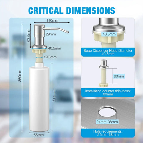 Built In Kitchen Sink Soap Dispenser And Lotion Dispenser In Brushed Nickel With 17 Oz Bottle, dimension details shown