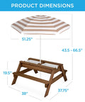 Kid Friendly Picnic Table With Umbrella And 3 In 1 Sand And Water Table For Toddlers, Outdoor Convertible Picnic Set dimensions shown