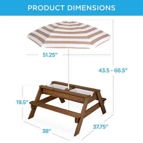 Kid Friendly Picnic Table With Umbrella And 3 In 1 Sand And Water Table For Toddlers, Outdoor Convertible Picnic Set dimensions shown