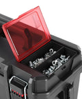 Built Dang Tough 16 Inch Resin Toolbox With Organized Small Parts Tray And Reinforced Padlock Tabs Portable Workshop Equipment For Garage Mechanics And Weekend Projects, open tray with screws.