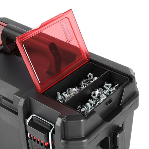 Built Dang Tough 16 Inch Resin Toolbox With Organized Small Parts Tray And Reinforced Padlock Tabs Portable Workshop Equipment For Garage Mechanics And Weekend Projects, open tray with screws.
