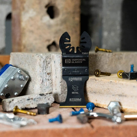 Badass Reciprocating Saw Blades One Three Eighth Inch Carbide Tipped Titanium Coated Metal Cutter Rips Clean Through Rusted Bolts Copper Pipes And Nail Embedded Lumber Like A Boss Two Pack on a workspace with screws and bricks.