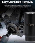 Honda 19mm Harmonic Balancer Socket Tool For Crank Bolt, heavy duty 1/2 inch drive socket in use on engine.
