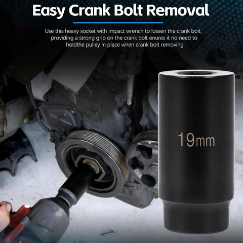 Honda 19mm Harmonic Balancer Socket Tool For Crank Bolt, heavy duty 1/2 inch drive socket in use on engine.