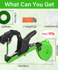 Updated Plant Tying Machine Kit With Auto Tape Gun And Slick Garden Binding Tool For Tomato Pepper Plants With Thick Staples And Twenty Green Tape Rolls Plus Safety Gloves For No Sweat Yard Work showing dimensions and included items.
