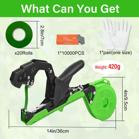 Updated Plant Tying Machine Kit With Auto Tape Gun And Slick Garden Binding Tool For Tomato Pepper Plants With Thick Staples And Twenty Green Tape Rolls Plus Safety Gloves For No Sweat Yard Work showing dimensions and included items.