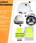 Six Pack White Hard Hats With 4 Point Suspension Adjustable Ratchet Vent Openings Sweatband Brow Pad ABS Construction Plus Six Reflective Safety Vests For Work Sites And Outdoor Labor Gear
