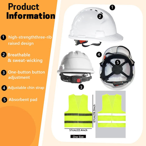 Six Pack White Hard Hats With 4 Point Suspension Adjustable Ratchet Vent Openings Sweatband Brow Pad ABS Construction Plus Six Reflective Safety Vests For Work Sites And Outdoor Labor Gear