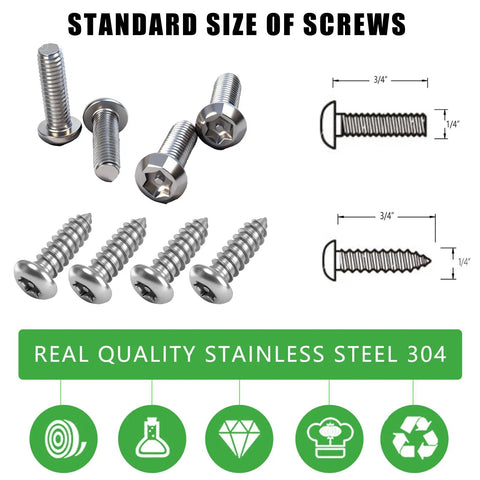 Anti Theft License Plate Screws Kit With Center Thimble Security For Cars Trucks And Motorcycles No Cap Rustproof Stainless Steel M6 1/4 Inch Bolts With Caps Front And Rear Mounting Hardware Karuzka 3rd Gen Upgraded, showing M6 stainless steel screws with dimensions and design features.