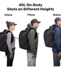Ultralight Camera Backpack For Photographers Expandable To 40L Space Black shown on three models of varying heights