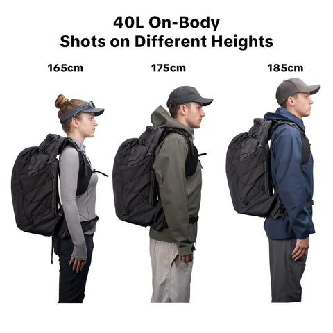 Ultralight Camera Backpack For Photographers Expandable To 40L Space Black shown on three models of varying heights