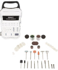 70 Piece Rotary Tool Accessories Kit With Cutting, Grinding And Polishing Bits for woodworking and DIY projects, laid out with case.