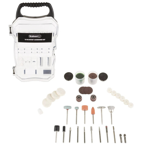 70 Piece Rotary Tool Accessories Kit With Cutting, Grinding And Polishing Bits for woodworking and DIY projects, laid out with case.