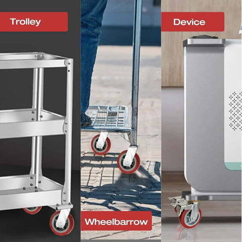 Four Inch Heavy Duty Swivel Caster Wheels Rolling Like Butter With Silent Polyurethane Treads Built To Last on a trolley and wheelbarrow.