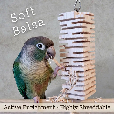 Green cheek conure chewing Ultra Soft Balsa Wood Foraging Bird Toy With Canyon Groove Safe Untreated Natural Wood