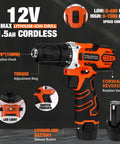 Close-up of 12V cordless drill from 255 Piece Tool Set With 12V Cordless Drill Driver Drawer Style Toolbox Case All In One Home Repair Kit