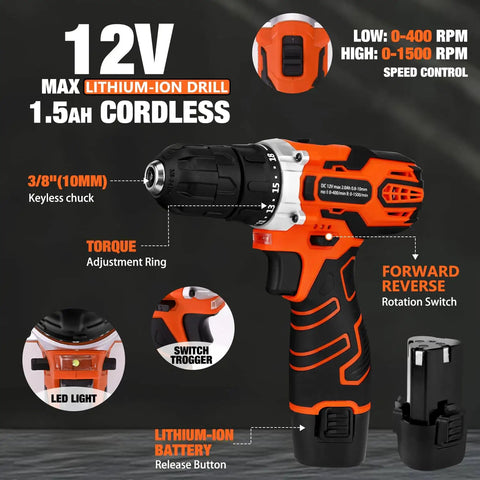 Close-up of 12V cordless drill from 255 Piece Tool Set With 12V Cordless Drill Driver Drawer Style Toolbox Case All In One Home Repair Kit