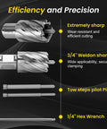 14 Piece Annular Cutter Set Featuring M2AL High Speed Steel Weldon Shank Magnetic Drill Bits Heavy Duty Hole Boring Kit image showing sharp drill bit with 3/4 inch weldon shank and hex wrench.