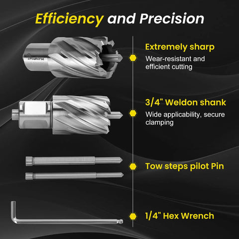 14 Piece Annular Cutter Set Featuring M2AL High Speed Steel Weldon Shank Magnetic Drill Bits Heavy Duty Hole Boring Kit image showing sharp drill bit with 3/4 inch weldon shank and hex wrench.