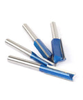 Close-up of Plus Double Flute Straight Router Bit Set With 1/4 Inch Shank Includes 1/4, 5/16, 3/8, 1/2 Diameter Bits in blue