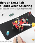 Using Magnetic PCB Holder Set For Soldering Six Piece Hands Free Work Station with circuit board and soldering iron in action