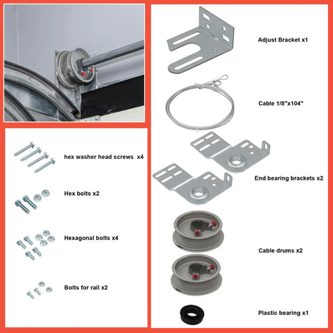Heavy Duty Garage Door Torsion Spring Kit With Cables And Brackets, Hardware And Cable Reels For 7 Ft Tall Doors, parts display