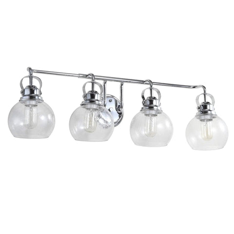 34 Inch Chrome Shirley 4 Light Vanity Light With Metal Wall Sconce And Clear Seeded Glass Shade, shown with LED bulbs