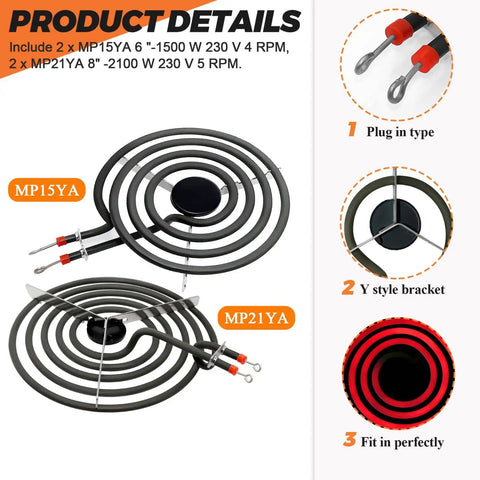 MP22YA Electric Range Burner Element Unit Set Upgraded 2026 Replacement Kit For Most Major Stoves Includes 2x MP15YA and 2x MP21YA burners