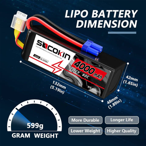 Beefy 22.2V 6S 4000mAh 80C LiPo Battery With EC5 Connector And Soft Case dimensions and weight
