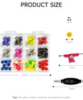 Image shows a Fingerboard Hardware Kit With 14 Multicolor Trucks, 48 Wheels, 60 Screws, 30 Nuts And 4 Spanner Tools, product size shown.